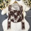 Long Sleeve Square-Neck Tie Dye Mesh Sunscreen Slim Fit Fake Two-Piece