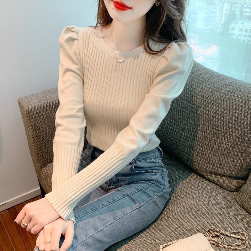 

Spring Autumn Korean Round Neck Long Sleeve Sweater Women Puff Sleeve Knit Top Base Layer Shirt One Size абрикосовый
