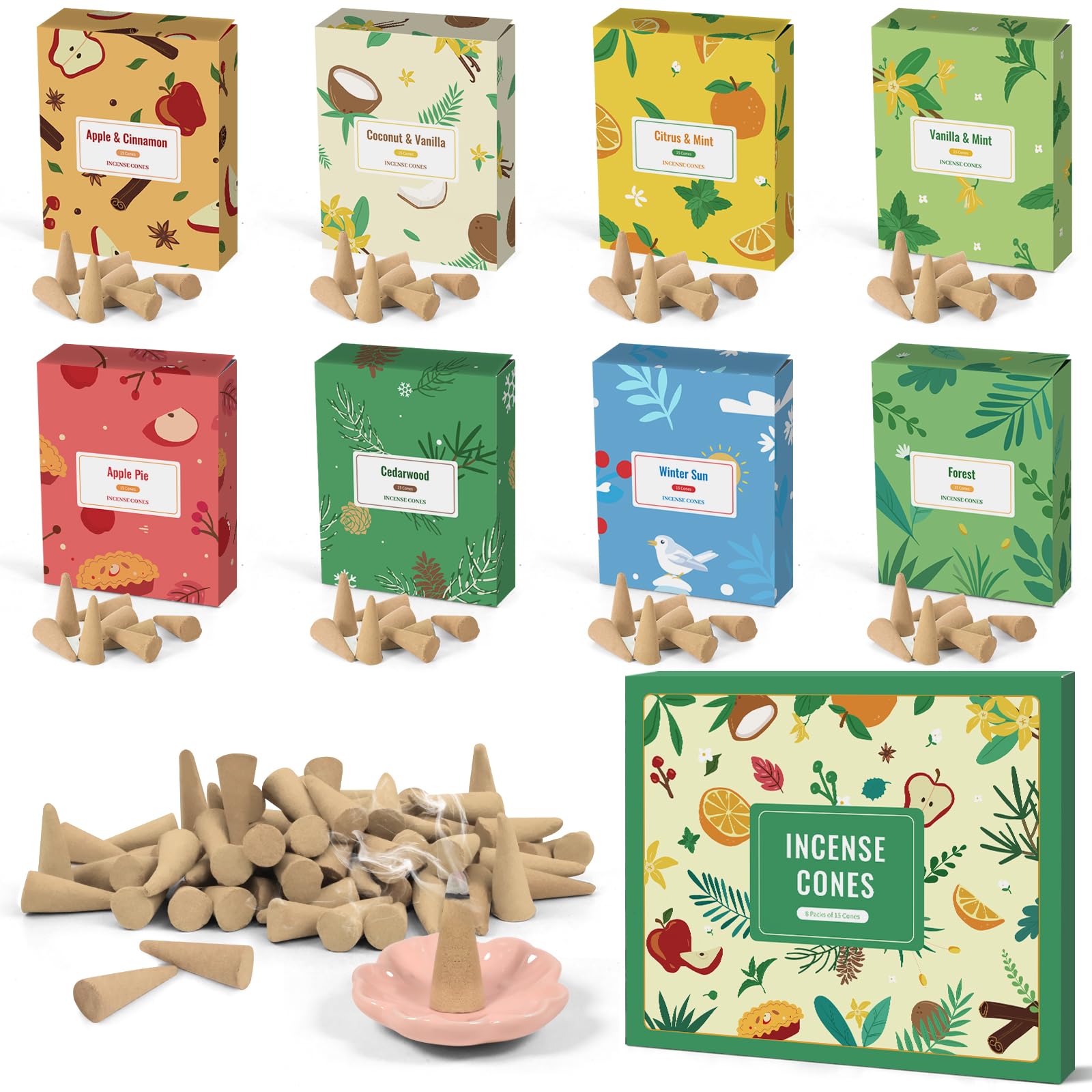

FIRIK Incense Assorted Scented Aroma Scented Cone Gift Vanilla Mint Coconut Winter Tangerine Apple Pine 8 15 Pieces of Each Cones, Cones, Scents, Set,