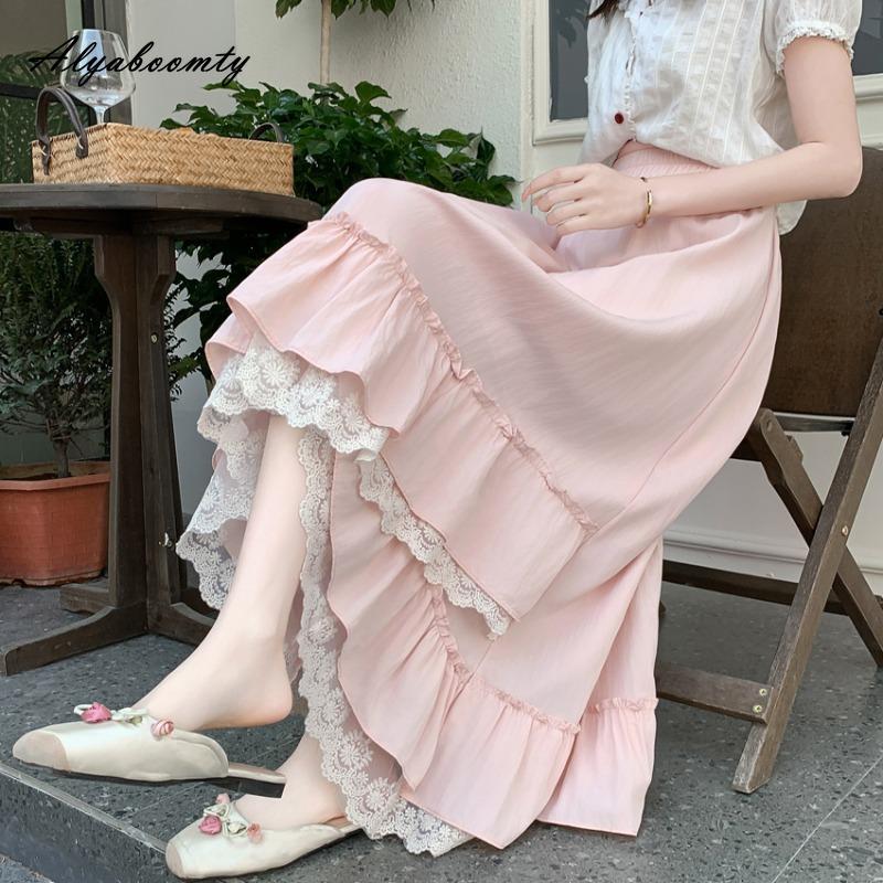 French Style Spring Summer Women Irregular Skirt High Waist Black White Pink Lace Patchwork Skirt Sweet Ruffles Princess Skirts
