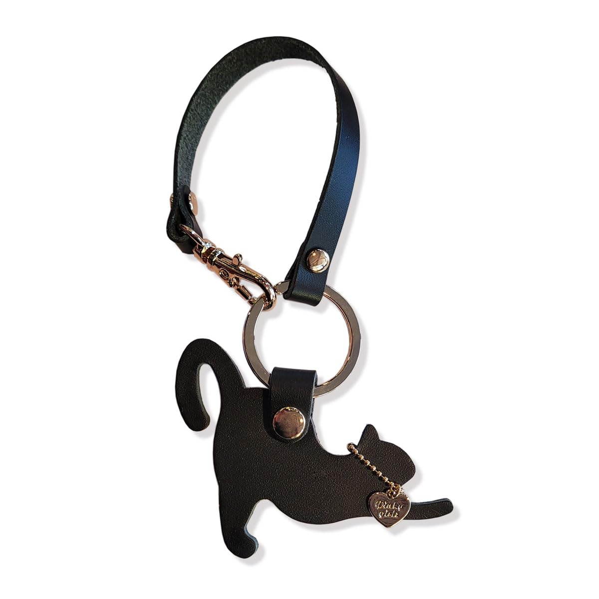 

[byDream] Genuine Leather Cat Keychain with Strap, Bag Charm, Hand Strap, Gift for Cat Lovers and Cat Owners (Black)