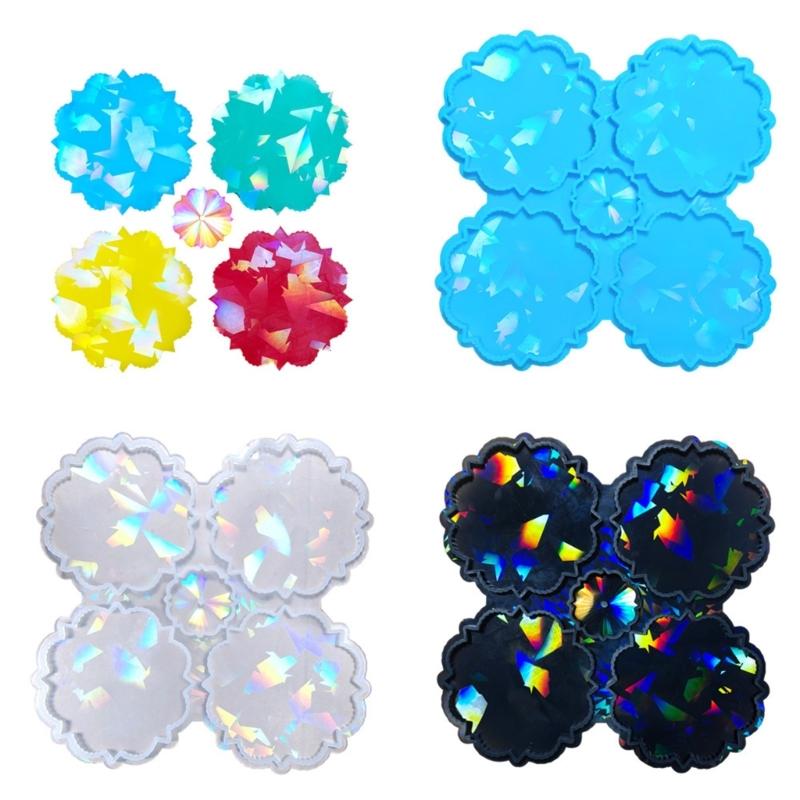 Crystal Coaster Mold 4-Cavity Flower Shaped Holographic Resin Molds Silicone Jewelry Making Epoxy Mould Decorative DIY
