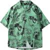 Aspersio Short Sleeve Aloha Shirt Button Down Skull Pineapple Print Men's Top XL Green
