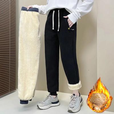 Plus Size 8XL Winter Lamb Fleece Sweatpants, Women's Casual Sweatpants, Loose Double-sided Plus Velvet Plus Size Drawstring Pants
