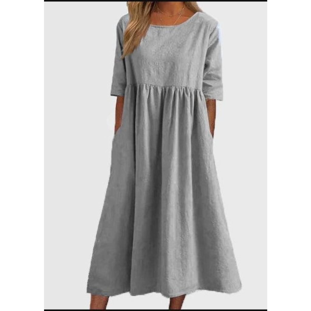 Summer Cotton and Linen Casual Short Sleeve Pocket Pleated Loose O-Neck Dress
