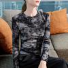 Temperament Tie-dye Crew Neck Mesh T-shirt New Early Autumn Inner Bottoming Shirt Slim and Thin Long-sleeved Top Women