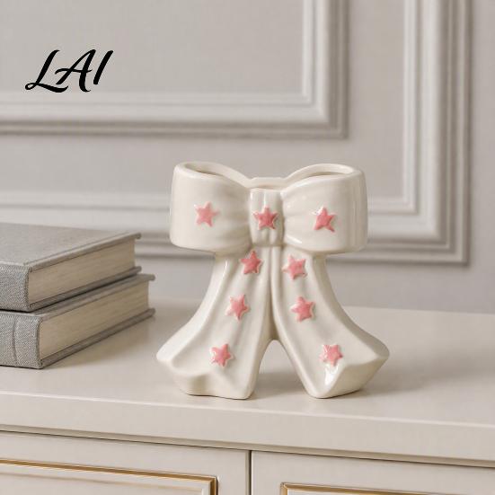 French Style Bow Vase Ceramic with Star Decorative Flowers Vase Creative Flower Chic Room Decor Gifts Arrangement Holder for Living Table
