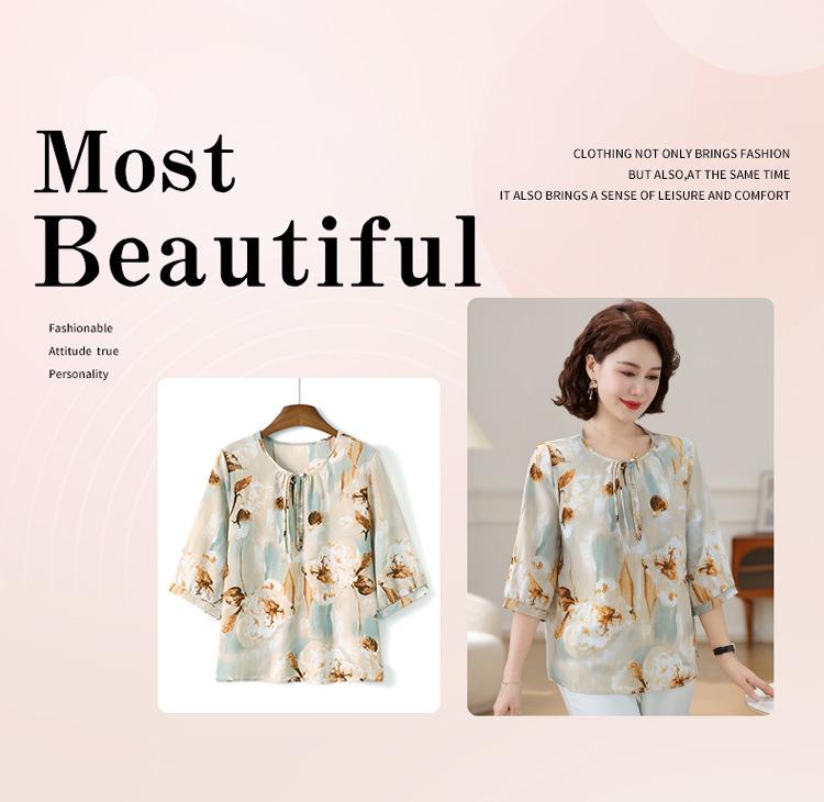 2025 Trendy Chiffon Summer Top for Moms – Mid-Sleeve Blouse for Middle-Aged and Elderly Women