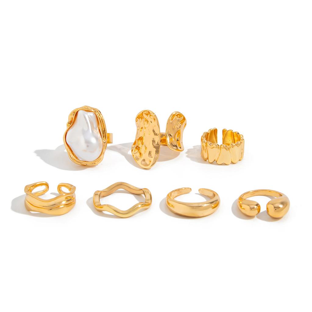 Baroque Imitation Pearl Ring Set, Irregular Design Liquid Metal Pleated Ring