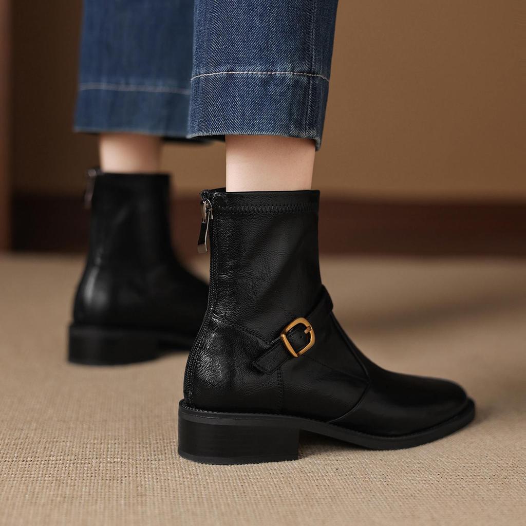 Krazing Pot Microfiber Winter Round Toe Western Boots Med Heels Zipper Women Metal Buckle British School Ankle Boots
