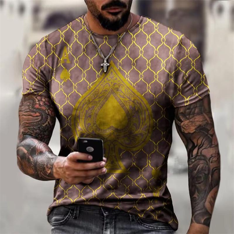 Black and white poker T-shirt 3D spade print fashionable street round neck men's T-shirt short sleeved hip-hop casual summer top