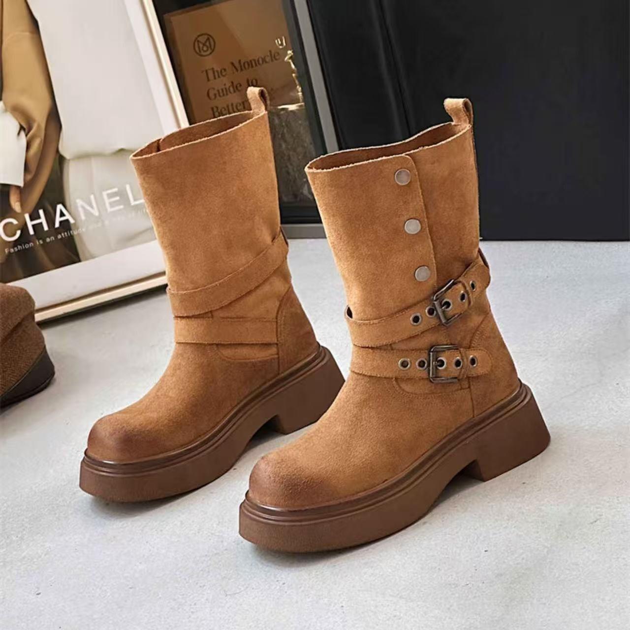 

Fashion Fashion Belt Buckle Women Mordern Boots Design Height Increase Shoes Autumn Winter Women s Mid Calf Booties 35