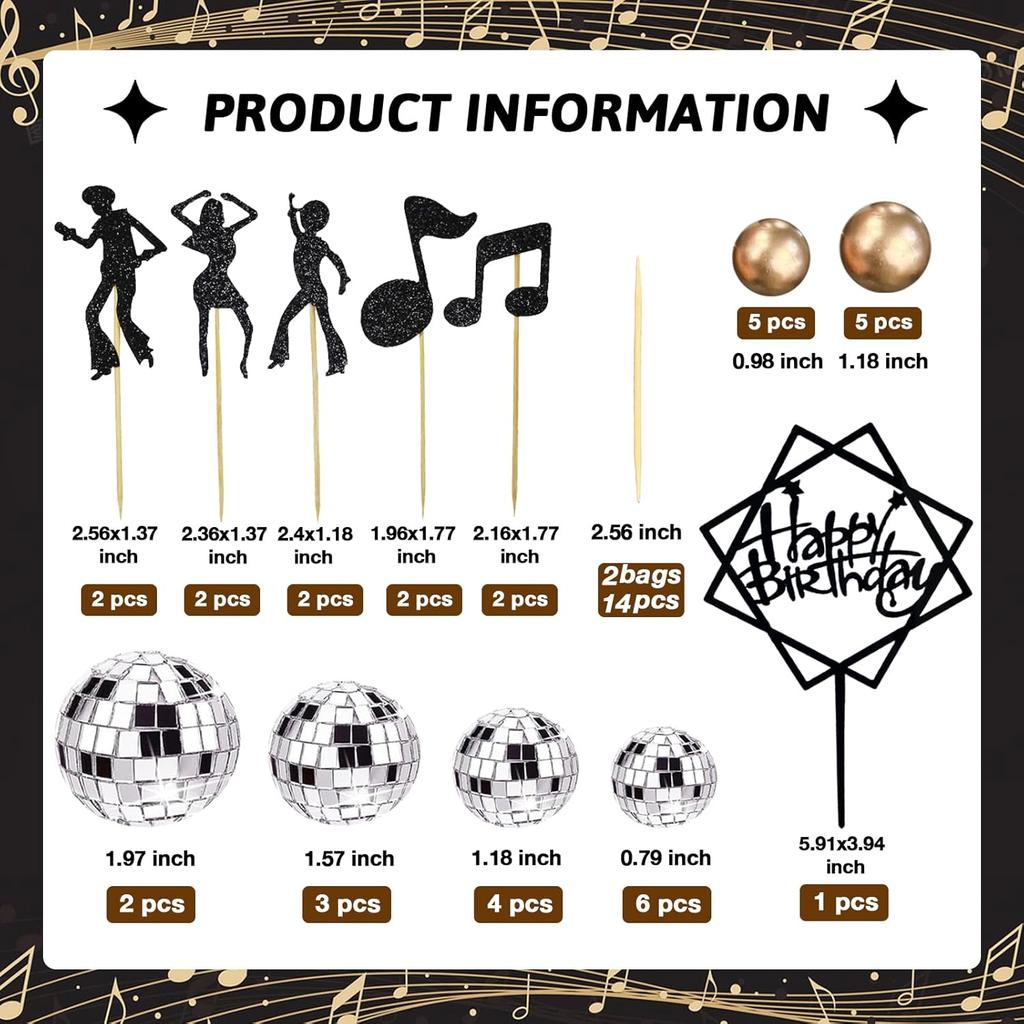 Disco Ball Music Dancing Themed Cake Cupcake Decorations with Mirror Balls for 70s 80s 90s Birthday Fever Wedding Party Supplies