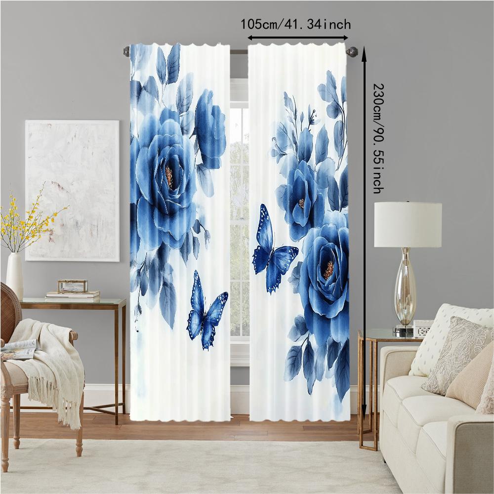 2 Pcs   Versatile Polyester Transparent Curtains for Home Decoration Butterfly Floral for Use In Bedrooms and Living Rooms