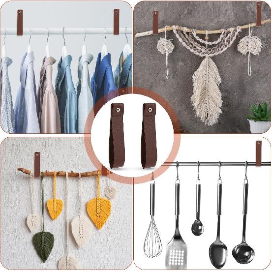 2 Pcs PU Leather Wall Hooks, 1 x 4.7 Inches Leather Wall Hanging Strap Leather Hook Lanyard Wall Mounted Loop for Hanging Curtain Rod Holders Towel