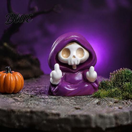 Halloween Skeleton Statue Purple Robe Figurine for Halloween Middle Finger Room Decor Resin Statue Gothic Walking Dog Sculpture Ornament