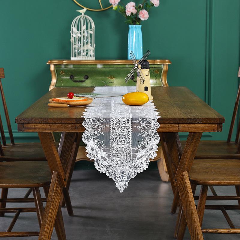 Bestickter Tüll-Tischläufer aus elfenbeinfarbener Spitze, Tischdekoration für Zuhause