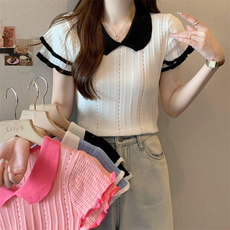 Hollow Out Top with High-end Design Niche Pink Doll Collar Thin Short Sleeved Knitted Shirt for Women Summer