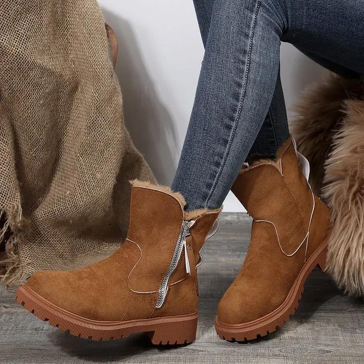 Fashion Women's Snow Boots Fur Element Winter Season Mid-Tube Plus Velvet Thickened Warm Cotton Shoes Integrated Platform Female Booties
