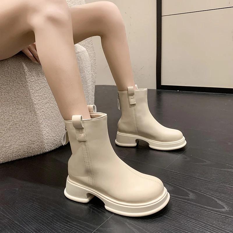 fashion 2024 Ladies Chelsea Boots High Top Fashion Boots Ankle Boots Motorcycle Soft Leather Round Toe Women Zapatos Mujer