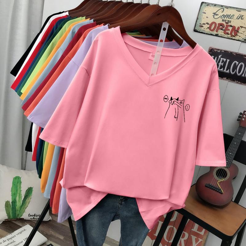 Short-sleeved T-shirt, Loose-fitting, Slimming Printed V-neck Top for Women