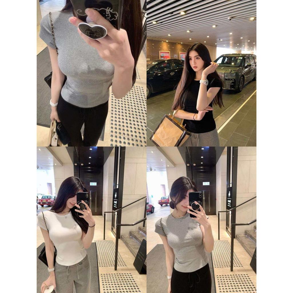 Shoulder Round Neck Slim Fit Short Sleeve T-shirt for Women, New Summer Hot Girl Waist-Cinching Slimming Short INS Gray Top