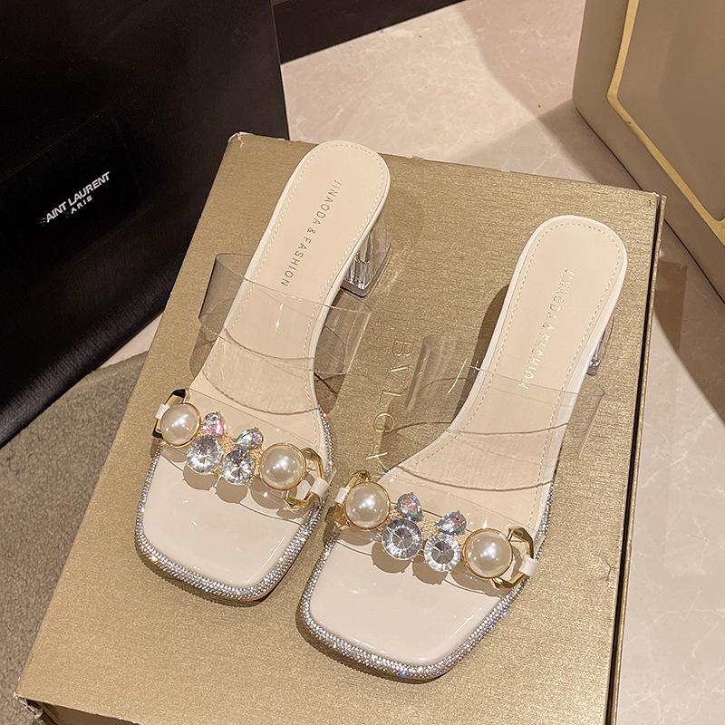 

Французские босоножки со стразами и прозрачным каблуком, женские, лето 2025, новые, на толстом каблуке, модная верхняя одежда на высоком каблуке, классные женские тапочки 35