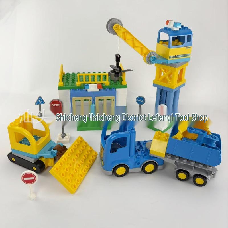 Large Particle Construction Set: Tower Crane, Bulldozer, Dumper, and Transport Vehicle Toys.