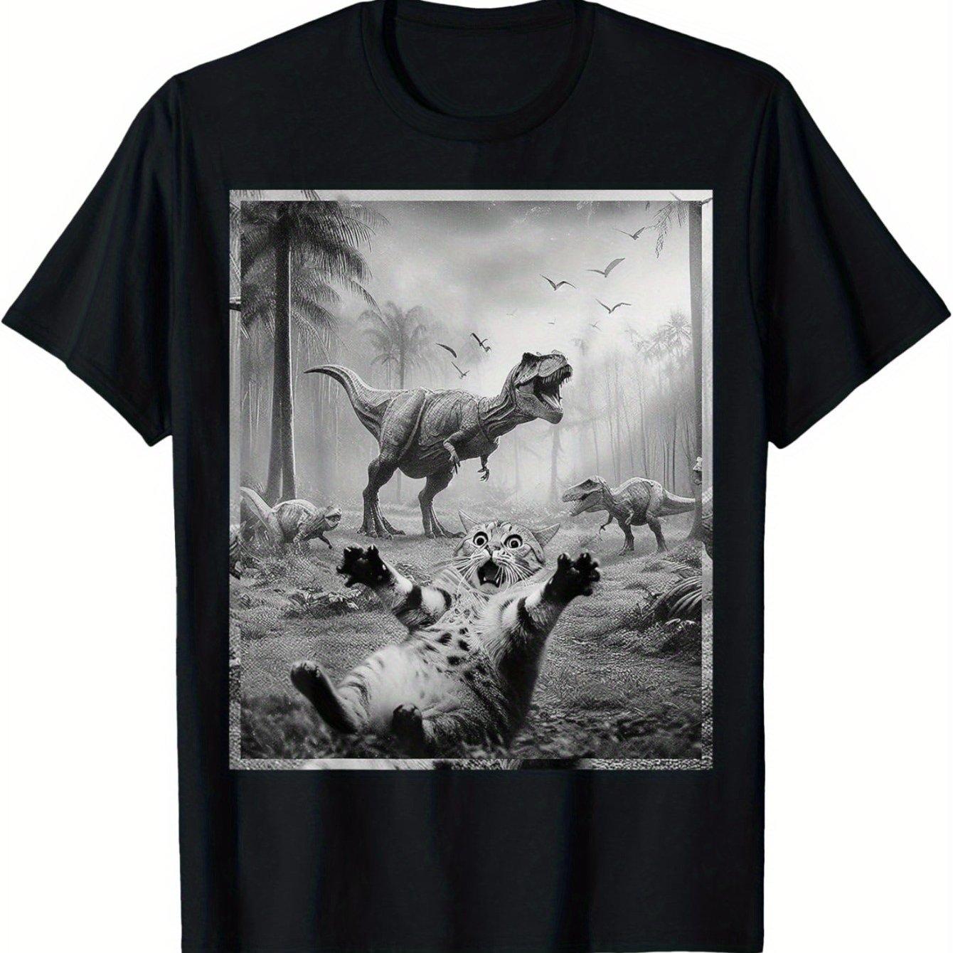 Scared Cat and T-Rex Graphic Tee Men Funny Dinosaur Jungle Print Short Sleeve T-Shirt Daily Casual S