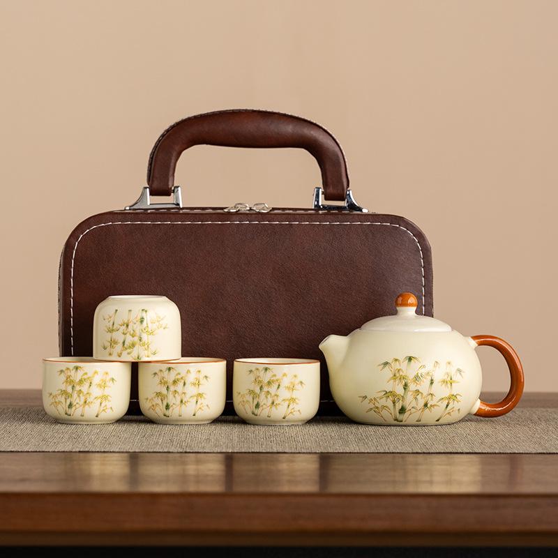 Chinese-style Virtualized Ceramics Ru Kiln Rich Bamboo Travel Tea Set Corporate Kung Fu Teapot Gift Can Be Ordered Tea Set