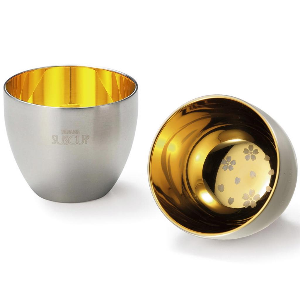 Nagao Sake Pair Sakura Diameter 6cm x Height Stainless Steel Double Made in Japan Tsubame-Sanjo Cups, Set, Gold, 5cm, 18-8 Wall,