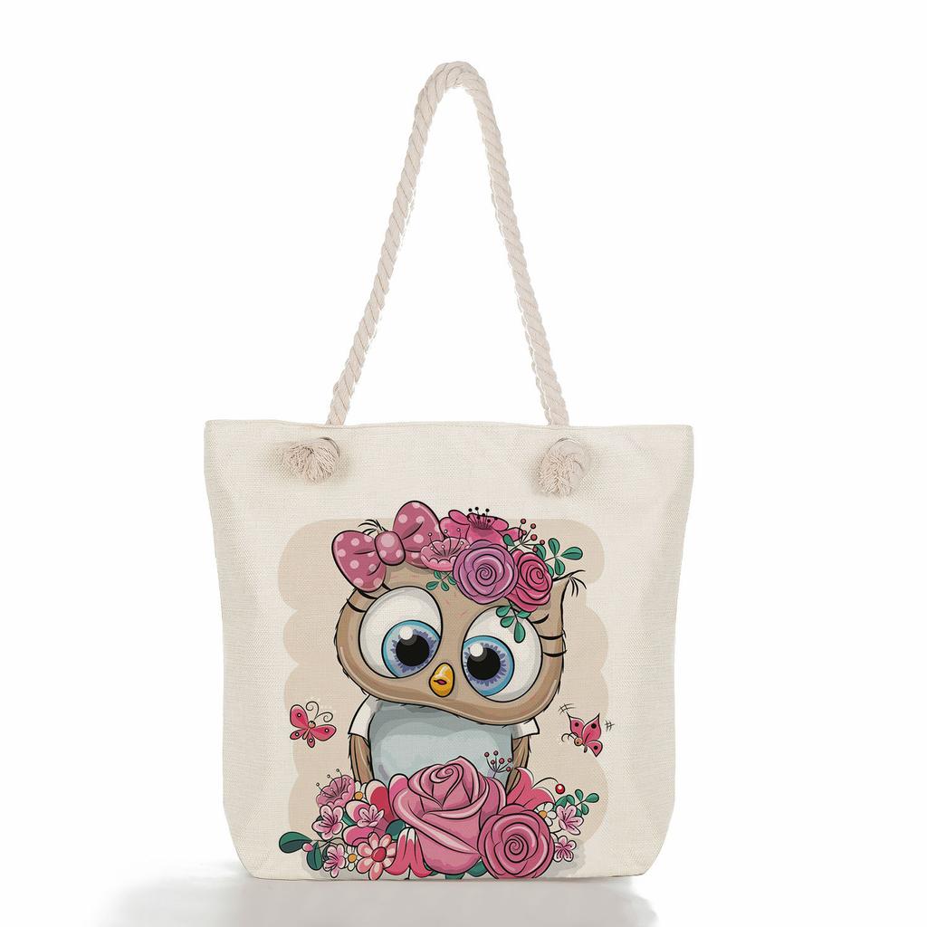 Cute owl print thick rope single-shoulder beach bag 7288 CLE
