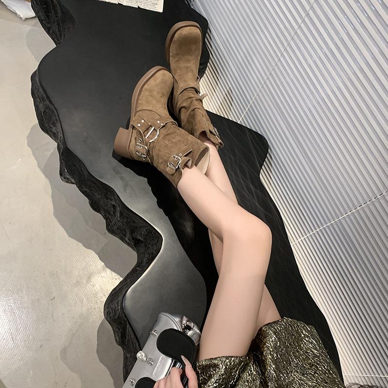 Fashion Western Cowboy Boots Women's 2025 New Autumn Internet Celebrity Explosion Thick Heel Short Boots Slim Pile Martin Boots