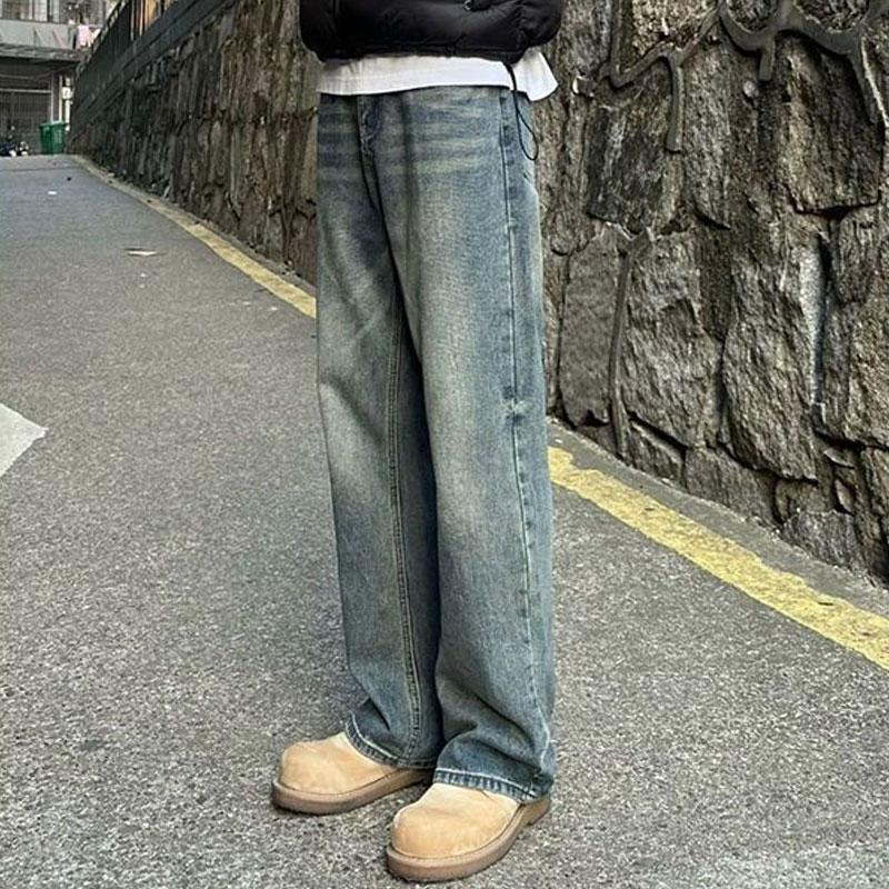Retro Blaue Lockere Amerikanische High Street Jeans Frühling Herbst Gerade Herrenbekleidung Modische Basic Mittlere Taille Lässige Hose