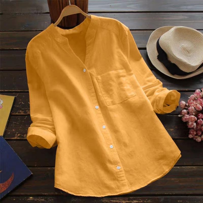 2025 Spring Women's V-Neck Cotton Linen Shirt - Long Sleeve, Loose, Plus Size, Trendy Cut Label