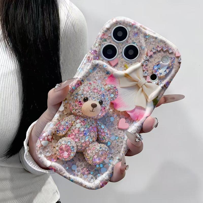 Cute Glittering Rhinestone Bear 2D Pattern Phone Case For iPhone 11 12 13 14 15 16 17 Pro Max 16e 17e 15 14 Plus Wavy-edge Cover