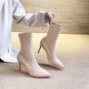 Women Pointed Toe High Heel Boots Autumn Winter Elastic Sock Mid Calf Slimming Ankle Boots Black
