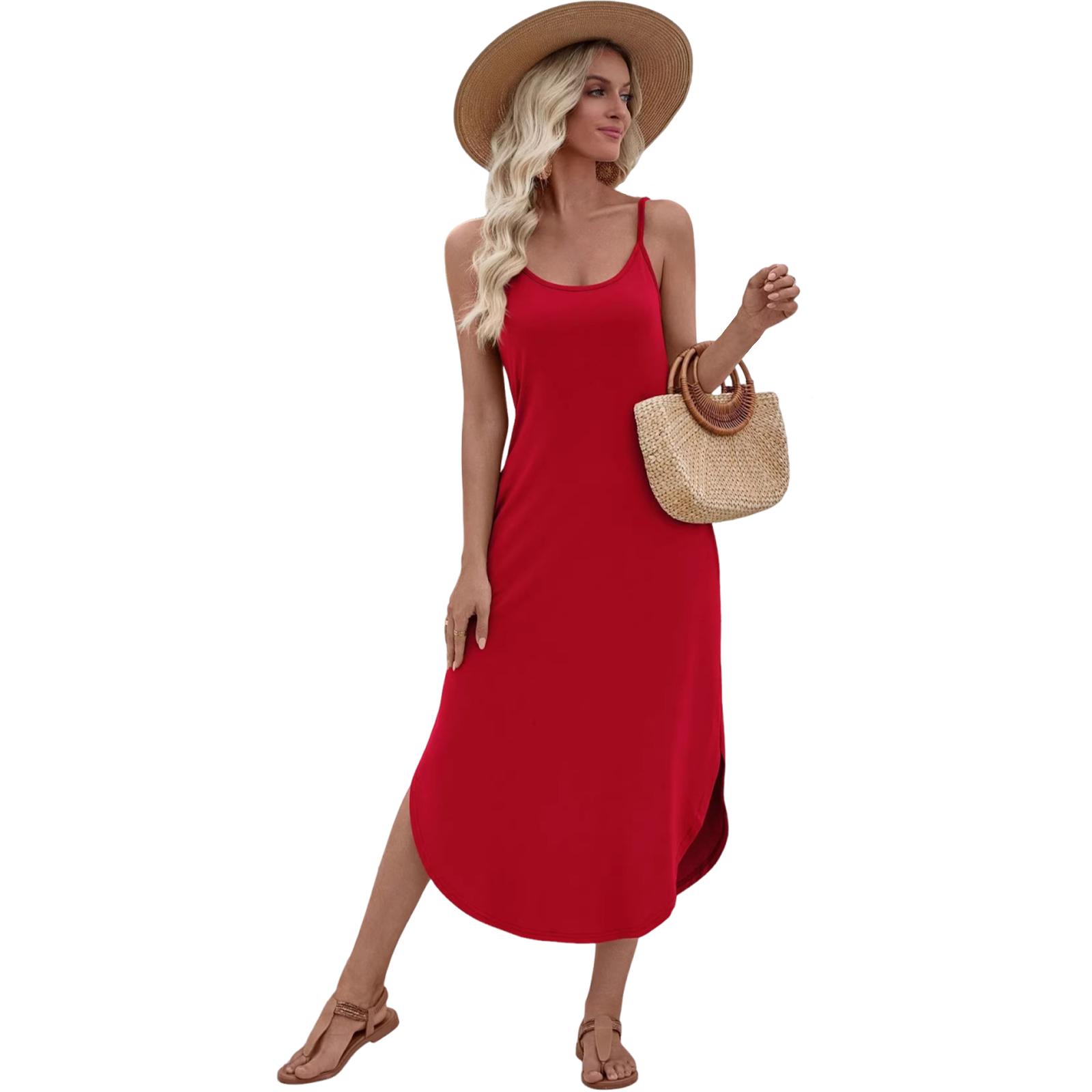 

Women s Casual Color Pleated Beach Pocket Dress XL червоний