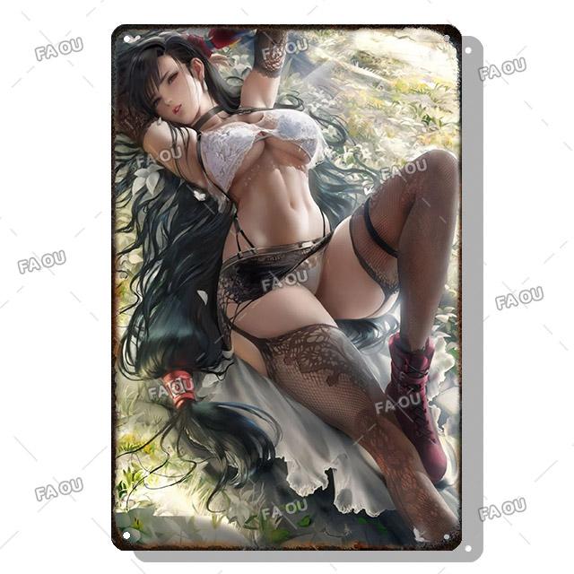 Sexy Anime Girl Metal Plate Game Figure Vintage Tin Sign Bar Club Art Decorative Plaques for Modern Home Room Wall Decor Poster