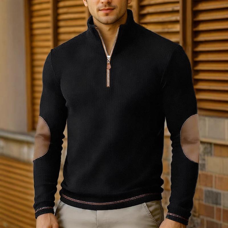 

Men s Light Blue Quarter Zip Ribbed Sweater with Elbow Patches Slim Fit Stand Collar Pullover M чорний