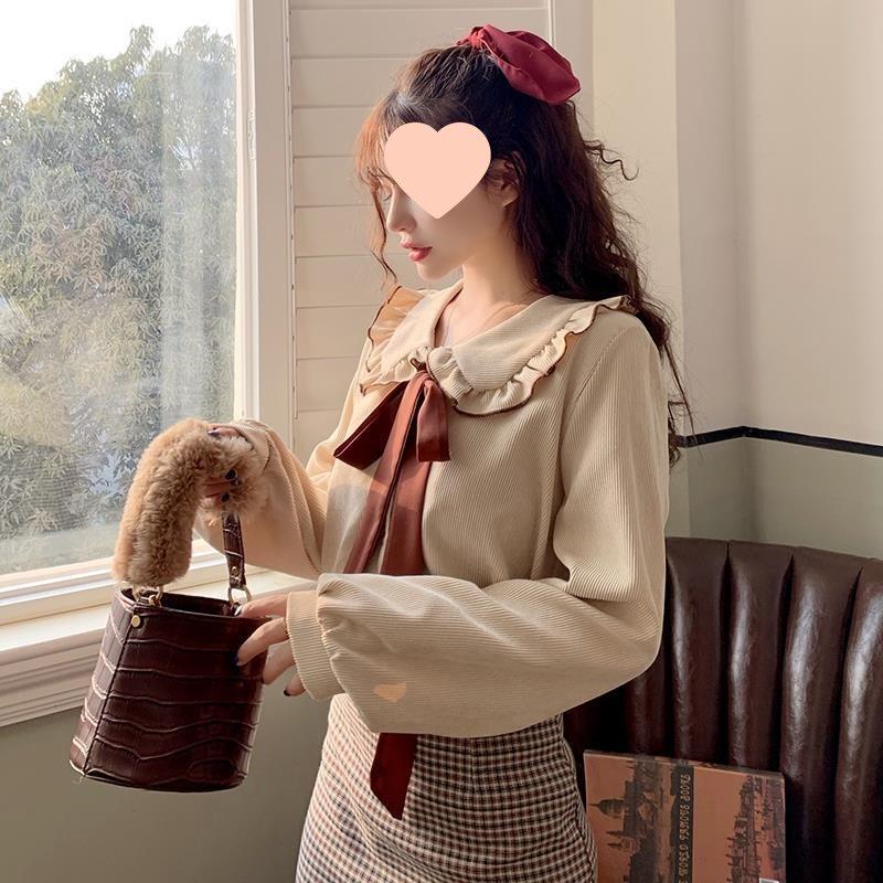 Women's 2025 Corduroy French Retro Doll Collar Top, Spring/Autumn, Hong Kong Style Long Sleeve Shirt