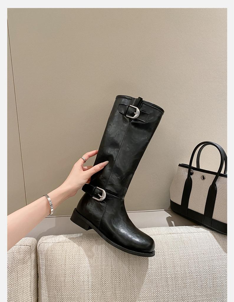 [Ruodan] Thick-soled British Style Belt Buckle Medium Tube Stack Boots Knight Boots Women's Retro Round Head Boots Women's