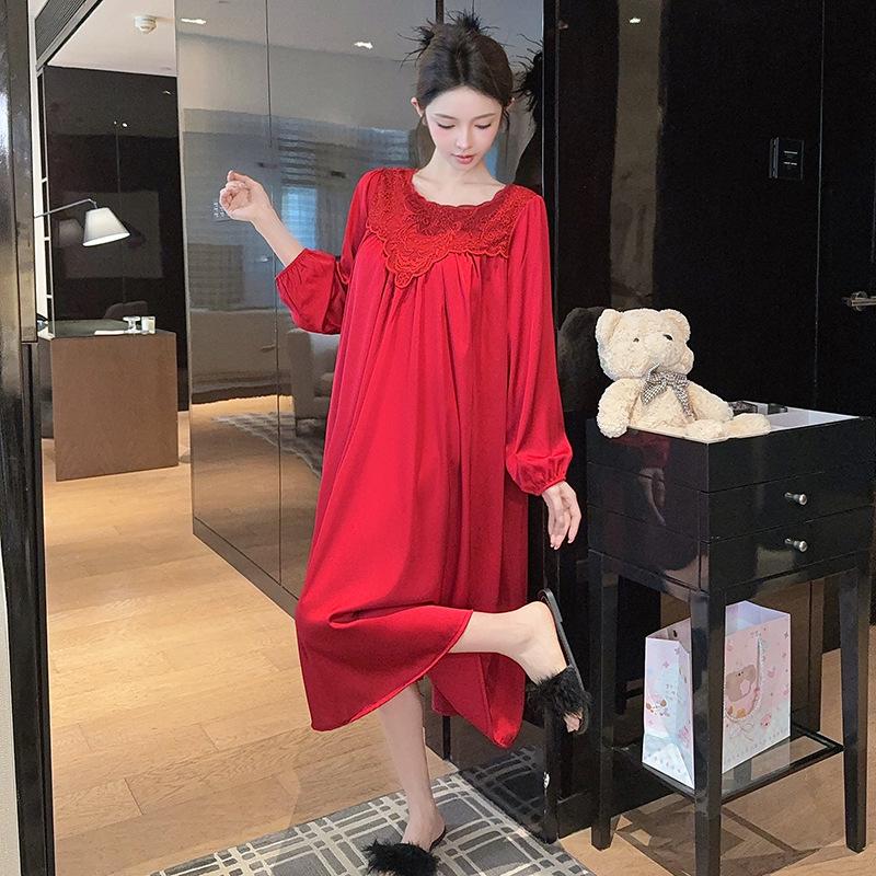 2026 Ice Silk Long Sleeve Nightgown for Women - Plus Size, Sexy French Style