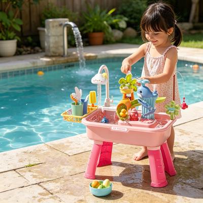 שולחן חול ומים לפעוטות, עם ברז, אביזרי אוכל למשחק, צעצוע דיג, כיור מטבח למשחק עם משאבת מים חשמלית לבנים, בנות