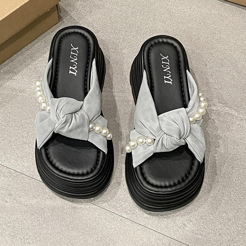 2025 Spring and Summer New Cool Slippers Muffin Thick Bottom Small Man Height Increase Bow Pearl Super High Thick Bottom Fashion Drag