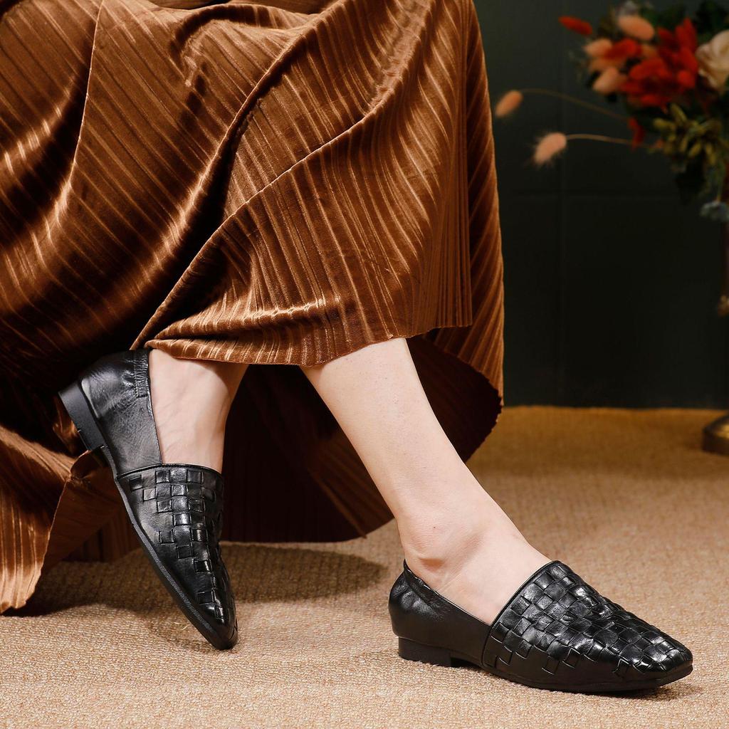 Dámské 2025 podzimní tkané kožené mokasíny - Ručně vyráběné hovězí baleríny pro všechna roční období