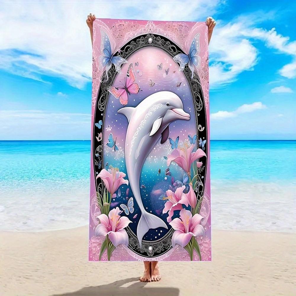 

Pink Dolphin Floral Beach Towel Patterned Sunscreen And Windproof Suitable For Swimming Pool Camping Travel Blanket W30*H60(CM)