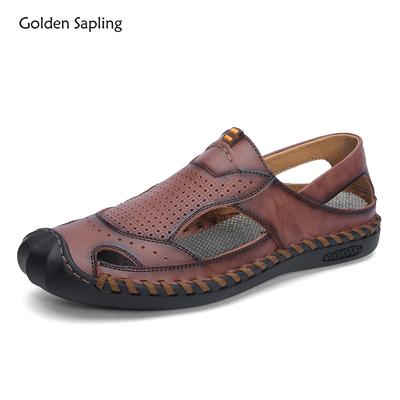 Fashion Golden Sapling Breathable Men's Sandals Genuine Leather Summer Shoes Leisure Loafers Casual Flats Fashion Casual Sandals for Men