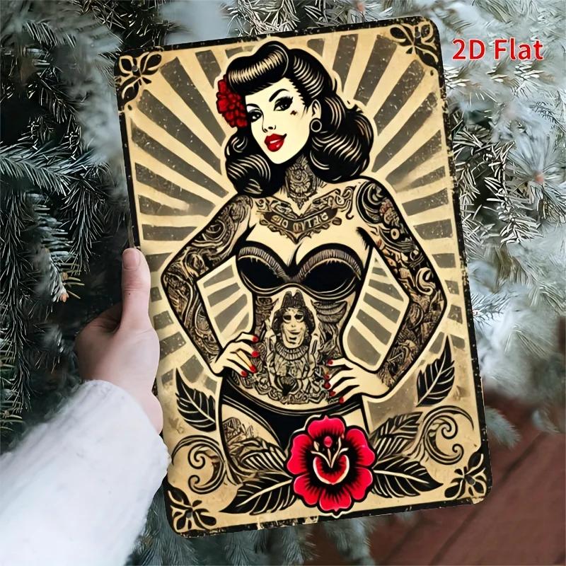 Printing a Nostalgic Style Tattoo Girl Tin Sign Retro Metal Wall Art Decoration Suitable for Home Restaurant Cafe Garage 20x30cm（7.8x11.8inch）