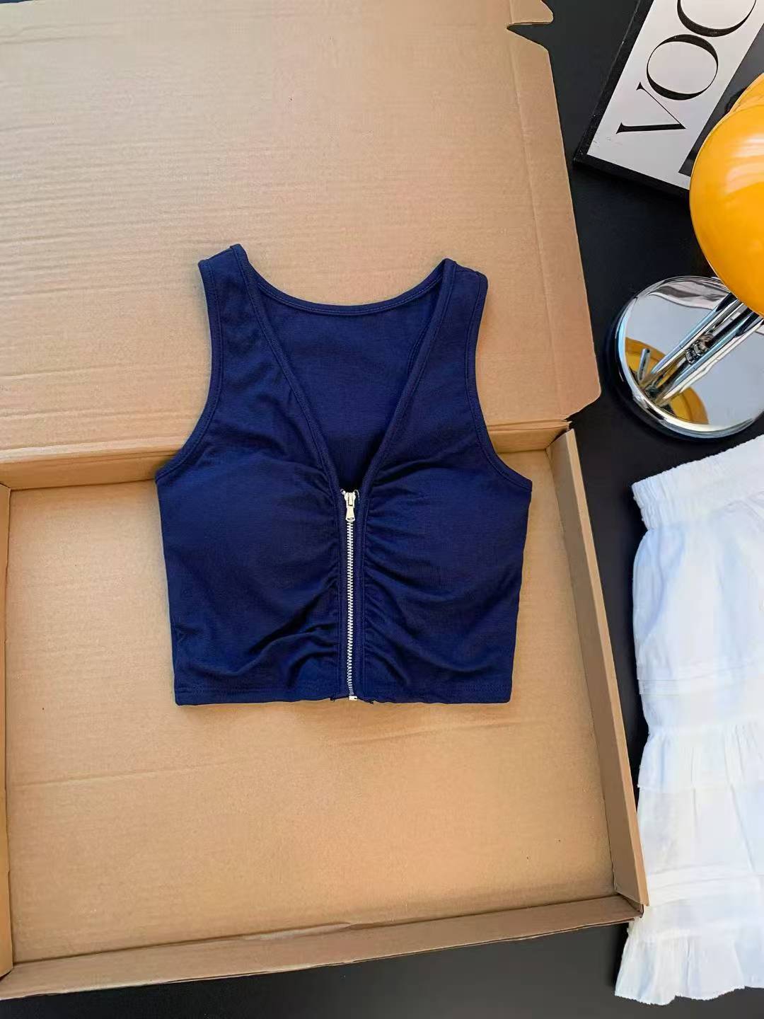 

Women s Front-Zip Thai-Style Pure-Yet-Provocative Collared Halter Camisole - Inner Wear, Sultry, Sexy Backless, Sleeveless, Ruched Crop Top One size темно-синього кольору